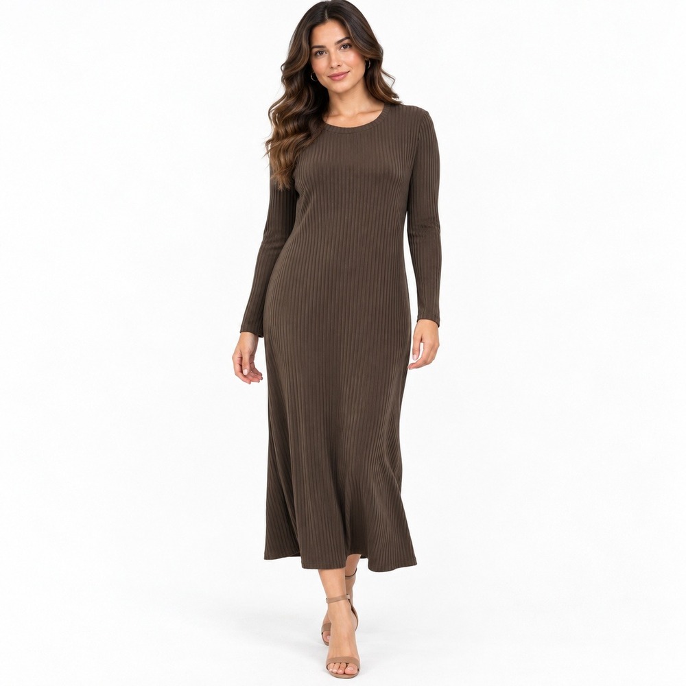 Eileen Fisher Ribbed Midi Dress M Brown Mock Neck Long Sleeve Knit Minimalist